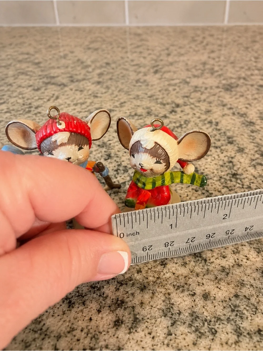 Vintage Set of 2 Winter Mouse Christmas Ornaments – Skier & Sledding Mouse – Han